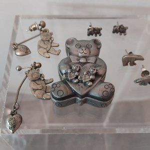 Earrings and pin Collection of pewter Bears LOT